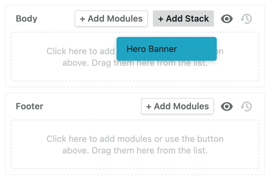 The + Add Stack button in a modulezone header, with the Hero Banner Stack selected from the dropdown