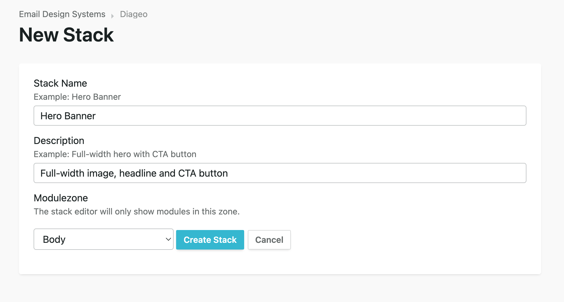The New Stack form showing Stack Name, Description and Modulezone fields